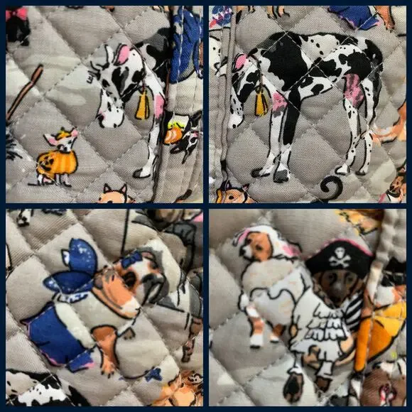 VERA BRADLEY Rare Gray Multi HOWL-O-WEEN Halloween Dogs Zip Top Cotton VERA Tote - Picture 10 of 16